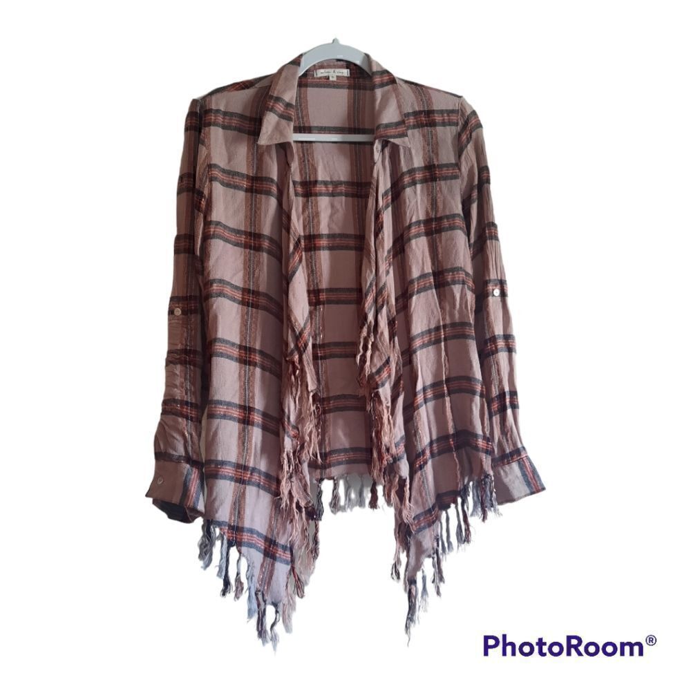 Willow & Clay Angelica Plaid Drape Duster Shirt Fringe Hem
